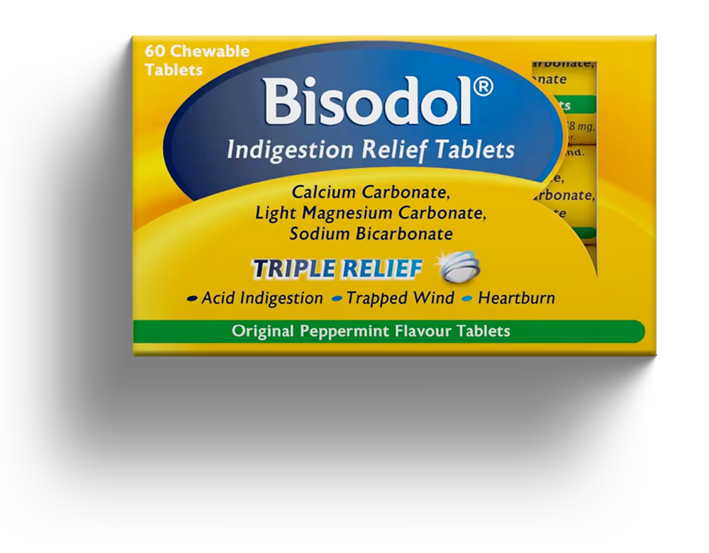A box of Bisodol - indigestion relief tablets