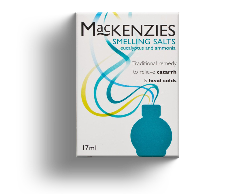A photo of the box of MacKenzies Smeling Salts - A traditional remedy to relieve catarrh & head colds
