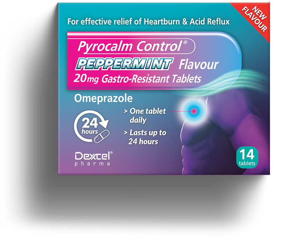 A box of Pyrocam Control in Peppermint flavour - gastro-resistant tablets